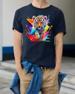 Color Splash Tiger Cub Art Graphic Tee Cute Wild Tshirt - model wearing navy tee with hands in pockets