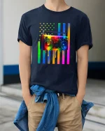 Rainbow Boombox Drip Art Graphic Tee Retro Music Style T Shirt - model wearing navy tee with hands in pockets