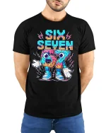 Six Seven Donut Style Graphic Tee Funny Retro Number T Shirt - model wearing black tee with hands behind back