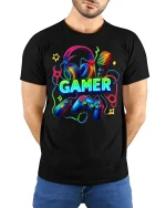 Neon Gamer Headset Controller Graphic Tee Colorful Gaming Tshirt - model wearing black tee with hands behind back