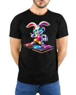 DJ Bunny Headphones Graphic Tee Cute Music Party Tshirt - model wearing black tee with hands behind back