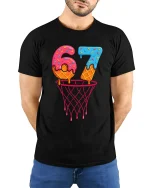 Six Seven Donut Basketball Graphic Tee Funny Sports Art T Shirt - model wearing black tee with hands behind back