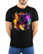 Neon Fire Panther Graphic Tee Fierce Colorful Animal Tshirt - model wearing black tee with hands behind back