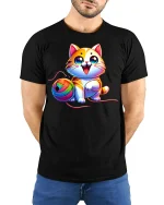 Cute Rainbow Yarn Cat Graphic Tee Adorable Playful T Shirt - model wearing black tee with hands behind back