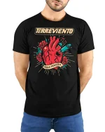 Terreviento Sacred Heart Bullet Art Graphic Tee Bold Tattoo Tshirt - model wearing black tee with hands behind back