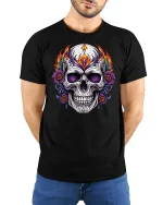 Flaming Sugar Skull Rose Art Graphic Tee Bold Gothic Tshirt - model wearing black tee with hands behind back