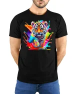 Color Splash Tiger Cub Art Graphic Tee Cute Wild Tshirt - model wearing black tee with hands behind back