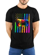 Rainbow Boombox Drip Art Graphic Tee Retro Music Style T Shirt - model wearing black tee with hands behind back
