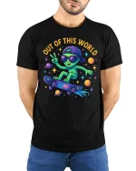 Out Of This World Alien Skateboard Graphic Tee Fun Space T Shirt - model wearing black tee with hands behind back