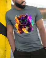 Neon Fire Panther Graphic Tee Fierce Colorful Animal Tshirt - model wearing grey tee, leaning on column