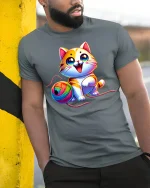 Cute Rainbow Yarn Cat Graphic Tee Adorable Playful T Shirt - model wearing grey tee, leaning on column