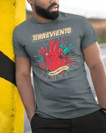 Terreviento Sacred Heart Bullet Art Graphic Tee Bold Tattoo Tshirt - model wearing grey tee, leaning on column