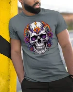 Flaming Sugar Skull Rose Art Graphic Tee Bold Gothic Tshirt - model wearing grey tee, leaning on column