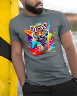 Color Splash Tiger Cub Art Graphic Tee Cute Wild Tshirt - model wearing grey tee, leaning on column