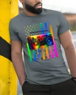 Rainbow Boombox Drip Art Graphic Tee Retro Music Style T Shirt - model wearing grey tee, leaning on column
