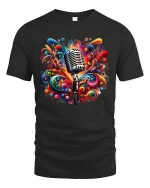 Colorful Music Explosion Microphone Art Graphic Tee Creative Tshirt - black t-shirt on white background
