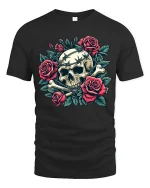 Gothic Skull With Roses Graphic Tee Dark Floral Art Tshirt - black t-shirt on white background