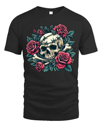 Gothic Skull With Roses Graphic Tee Dark Floral Art Tshirt - black t-shirt on white background