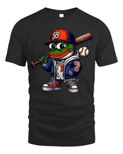 Funny Baseball Frog Graphic Tee Street Style Cartoon Art Tshirt - black t-shirt on white background