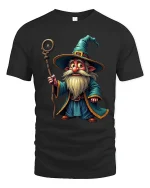 Cute Wizard Gnome Magic Staff Graphic Tee Fantasy Cartoon Tshirt - black t-shirt on white background