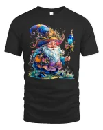 Magical Wizard Gnome Crystal Staff Graphic Tee Fantasy Art Tshirt - black t-shirt on white background
