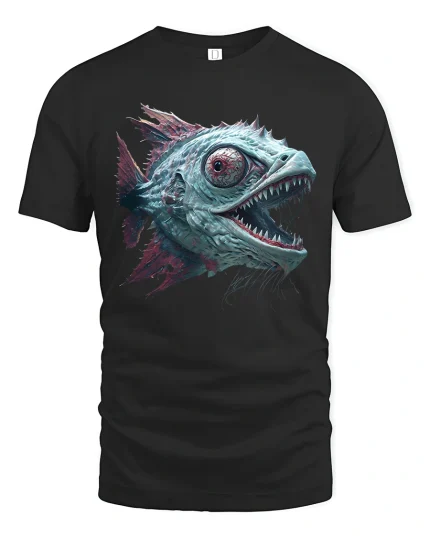 Creepy Deep Sea Monster Fish Graphic Tee Dark Fantasy Tshirt - black t-shirt on white background