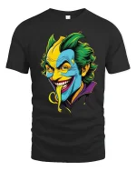 Crazy Grinning Villain Cartoon Face Graphic Tee Bold Color Tshirt - black t-shirt on white background
