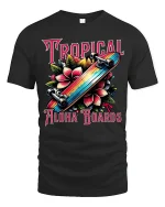 Tropical Aloha Boards Skateboard Floral Graphic Tee Island Style Tshirt - black t-shirt on white background