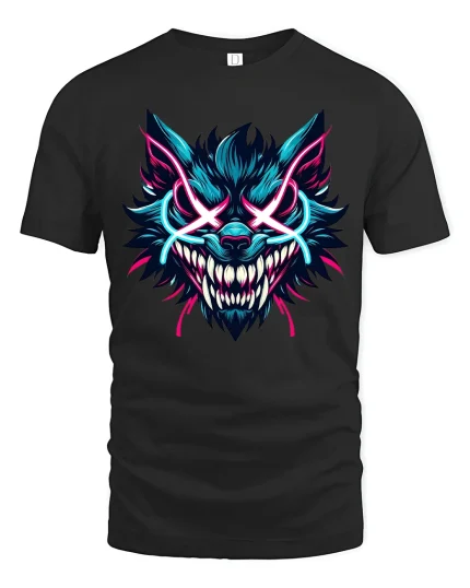 Neon Savage Wolf Demon Face Graphic Tee Electric Style Tshirt - black t-shirt on white background
