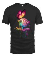 Colorful Butterfly and Melting Rose Art Graphic Tee Dreamy Tshirt - black t-shirt on white background