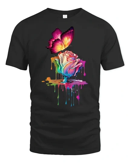 Colorful Butterfly and Melting Rose Art Graphic Tee Dreamy Tshirt - black t-shirt on white background