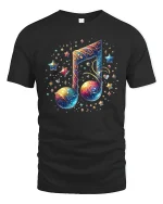 Galaxy Music Note Starry Art Graphic Tee Cosmic Sound Tshirt - black t-shirt on white background