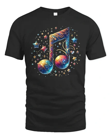 Galaxy Music Note Starry Art Graphic Tee Cosmic Sound Tshirt - black t-shirt on white background