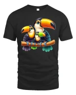 Cute Toucan Family Illustration Graphic Tee Tropical Bird Tshirt - black t-shirt on white background