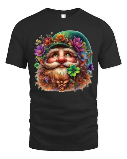 Lucky Irish Gnome Floral Beard Art Graphic Tee Whimsical Tshirt - black t-shirt on white background