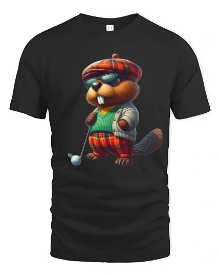 Cool Beaver Golfer Cartoon Graphic Tee Funny Stylish T Shirt - black t-shirt on white background