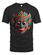 Colorful Tribal Mask Art Graphic Tee Cultural Statement T Shirt - black t-shirt on white background