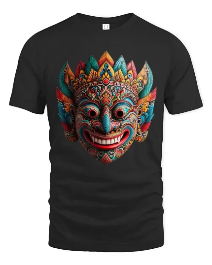Colorful Tribal Mask Art Graphic Tee Cultural Statement T Shirt - black t-shirt on white background
