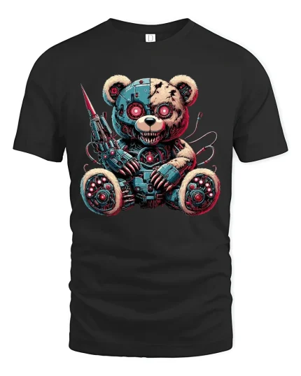 Cyberpunk Robo Teddy Bear Graphic Tee Dark Sci Fi Tshirt - black t-shirt on white background