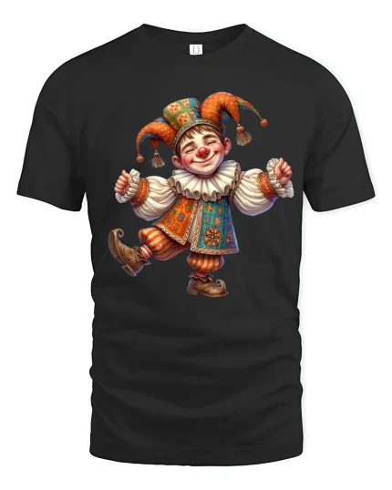 Happy Jester Clown Character Graphic Tee Whimsical Art Tshirt - black t-shirt on white background