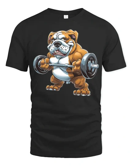 Strong Bulldog Weightlifting Graphic Tee Funny Gym Dog Tshirt - black t-shirt on white background