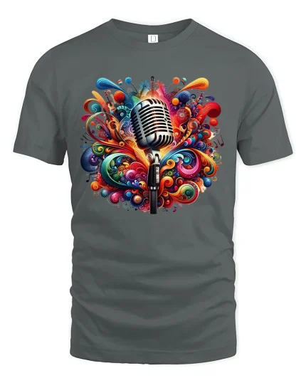 Colorful Music Explosion Microphone Art Graphic Tee Creative Tshirt - gray t-shirt on white background