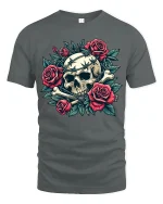 Gothic Skull With Roses Graphic Tee Dark Floral Art Tshirt - gray t-shirt on white background