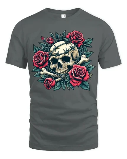 Gothic Skull With Roses Graphic Tee Dark Floral Art Tshirt - gray t-shirt on white background