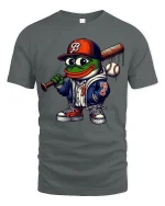 Funny Baseball Frog Graphic Tee Street Style Cartoon Art Tshirt - gray t-shirt on white background