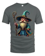 Cute Wizard Gnome Magic Staff Graphic Tee Fantasy Cartoon Tshirt - gray t-shirt on white background