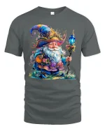 Magical Wizard Gnome Crystal Staff Graphic Tee Fantasy Art Tshirt - gray t-shirt on white background