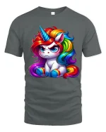 Cute Grumpy Rainbow Unicorn Graphic Tee Colorful Fantasy Tshirt - gray t-shirt on white background