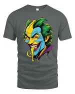 Crazy Grinning Villain Cartoon Face Graphic Tee Bold Color Tshirt - gray t-shirt on white background
