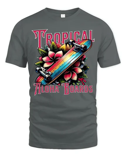 Tropical Aloha Boards Skateboard Floral Graphic Tee Island Style Tshirt - gray t-shirt on white background